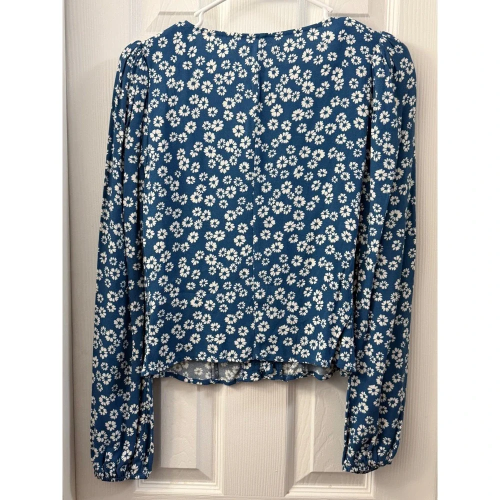 Reformation Blue Daisy Floral Button Front V-Neck Peplum Top Small Long Sleeve